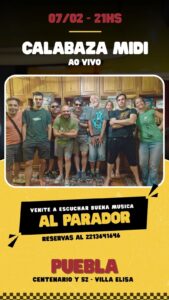 Este sábado 7 de febrero a las 21 hs, la banda Calabaza Midi se presenta en vivo en Puebla, en Centenario y 52, Villa Elisa.