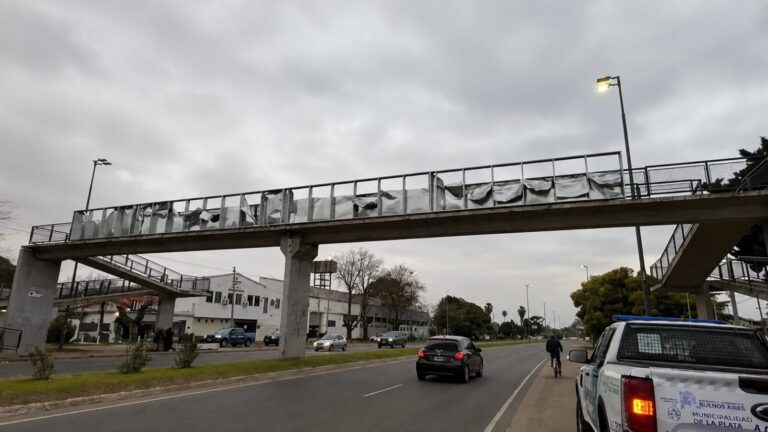 Operativo policial en el puente peatonal de Camino Centenario y avenida Arana, en Villa Elisa.